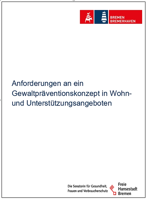 Deckblatt des Dokuments Anforderungen an ein Gewaltpräventionskonzept in Wohn- und Unterstützungsangeboten