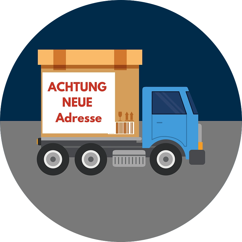 Bild von Umzugswagen (Comic) mit Aufschrift: Achtung neue Adresse