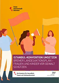 Es sind drei unterschiedliche Frauen und der Titel des Landesaktionsplans zu sehen.