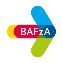 Ein bunter Pfeil nach rechts. Logo Bundesamt für Familien und zivilgesellschaftliche Aufgaben 