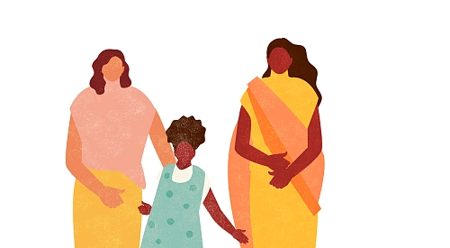 Grafische Darstellung vier Frauen stehend, Arm in Arm